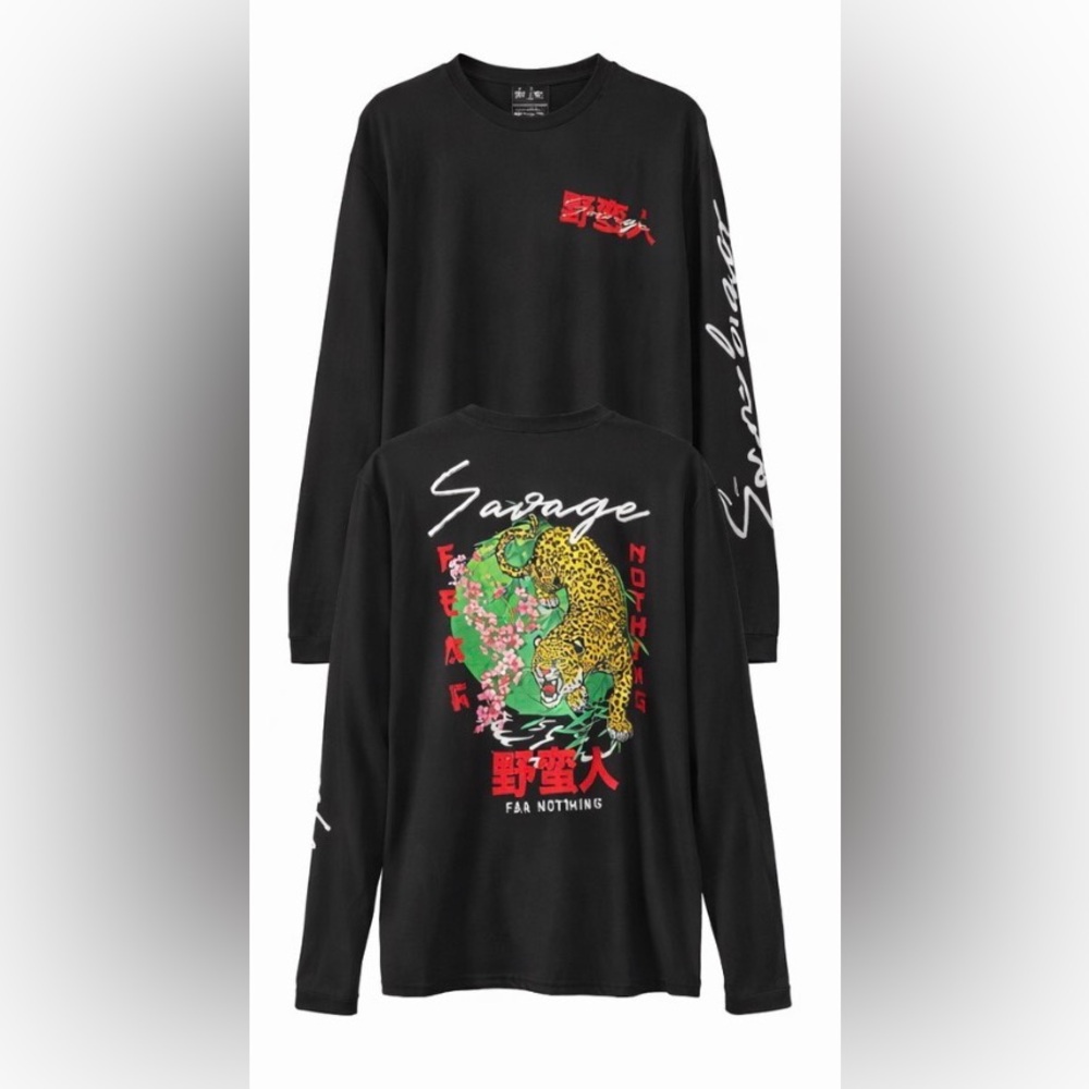 Fresh Laundry Tiger Graphic Long Sleeve Shirt Mens L Japanese Streetwear Black